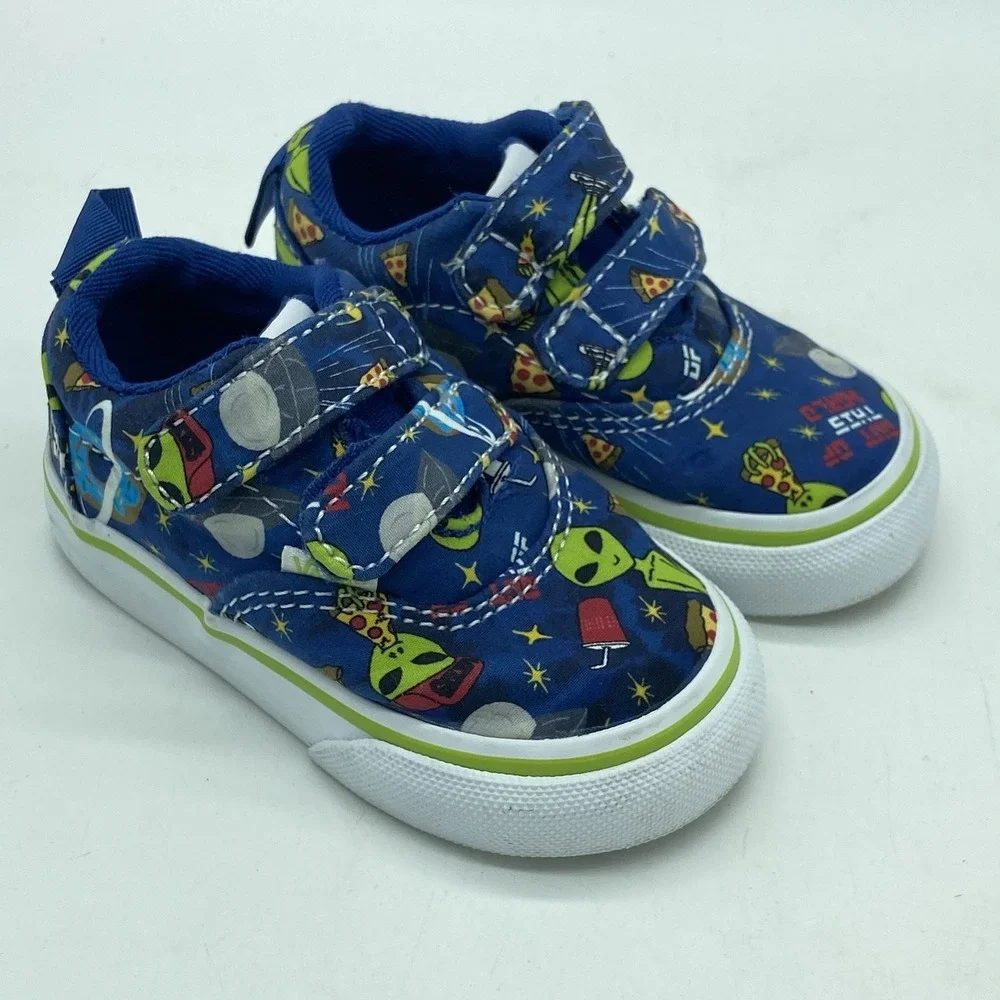 Vans Toddler 4 Slip On Blue Space Alien Pizza Print Sneakers Shoes Skater Y2K